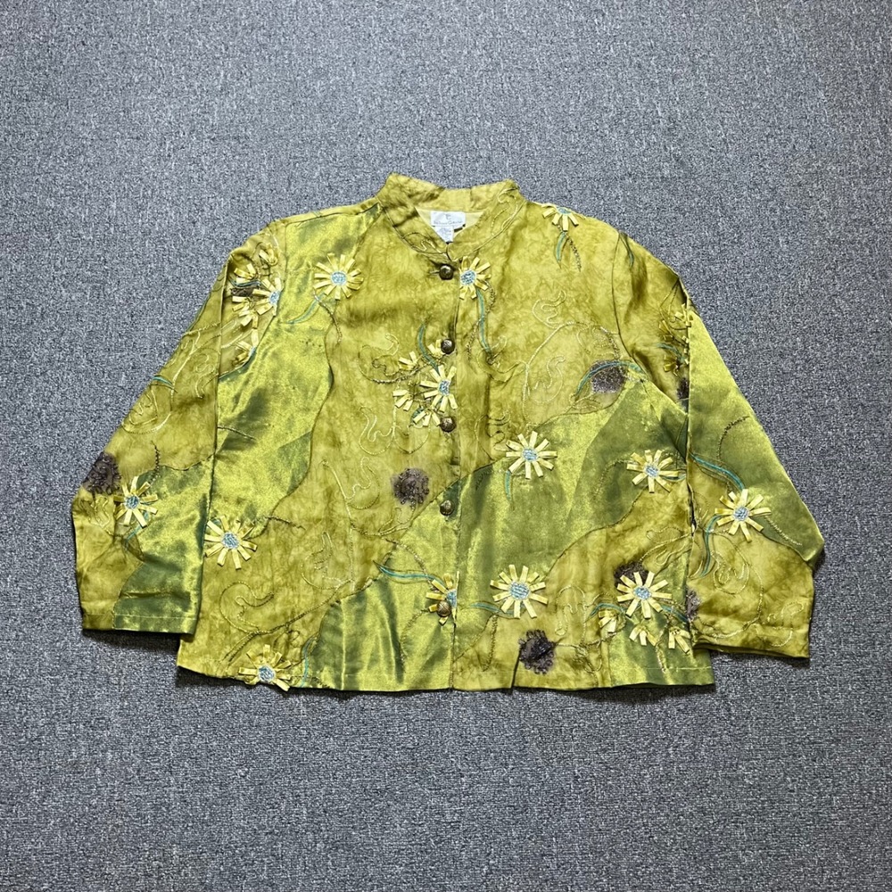 Vintage The Travel Collection Silk Jacket 1X Green Floral Embroidered Boho Y2K